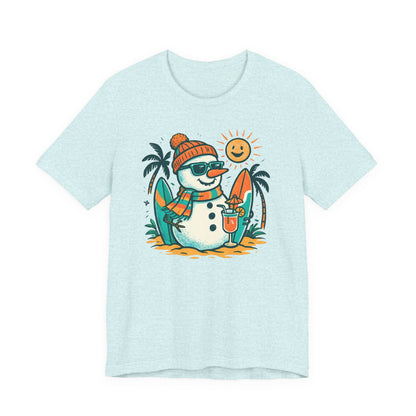 Frosty on Vacation Graphic Tee — Surfing Snowman with Drink Summer Holiday T-Shirt