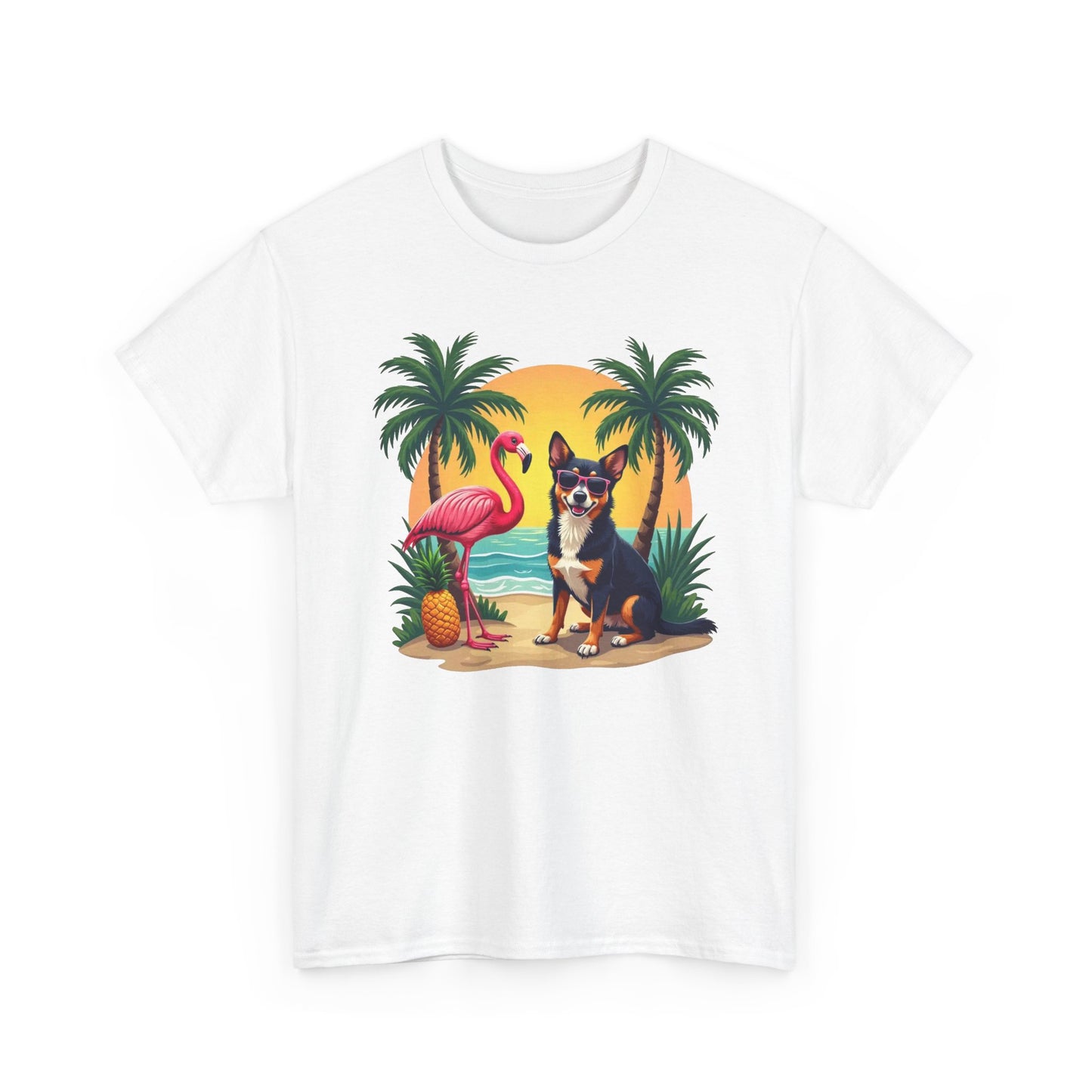 Dog Beach Sunset T-Shirt — Tropical Flamingo Palm Tee