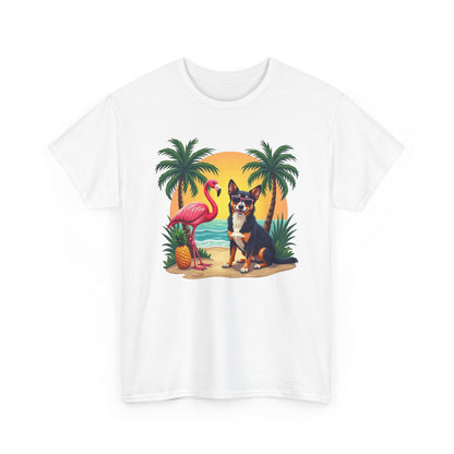 Dog Beach Sunset T-Shirt — Tropical Flamingo Palm Tee