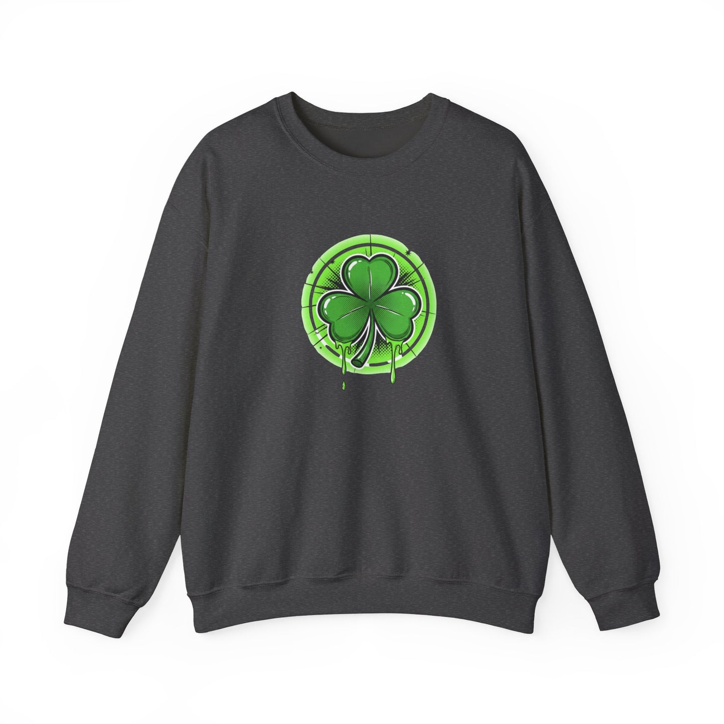 Oozing with Luck, Four-Leaf Clover Crewneck Sweatshirt — Neon Lucky Shamrock St. Patrick’s Day Pullover