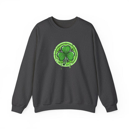 Oozing with Luck, Four-Leaf Clover Crewneck Sweatshirt — Neon Lucky Shamrock St. Patrick’s Day Pullover