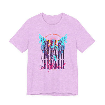 St. Gabriel Angel Tee — "God Is My Strength" Neon Graphic T-Shirt