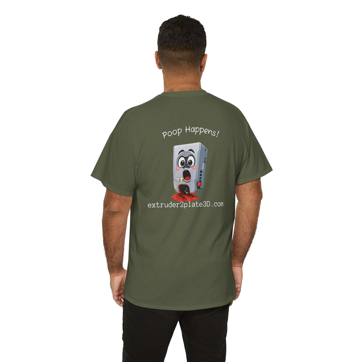 Extruder2Plate3D, Poop Happens T‑Shirt — Funny Cartoon 3D Printer Graphic Tee