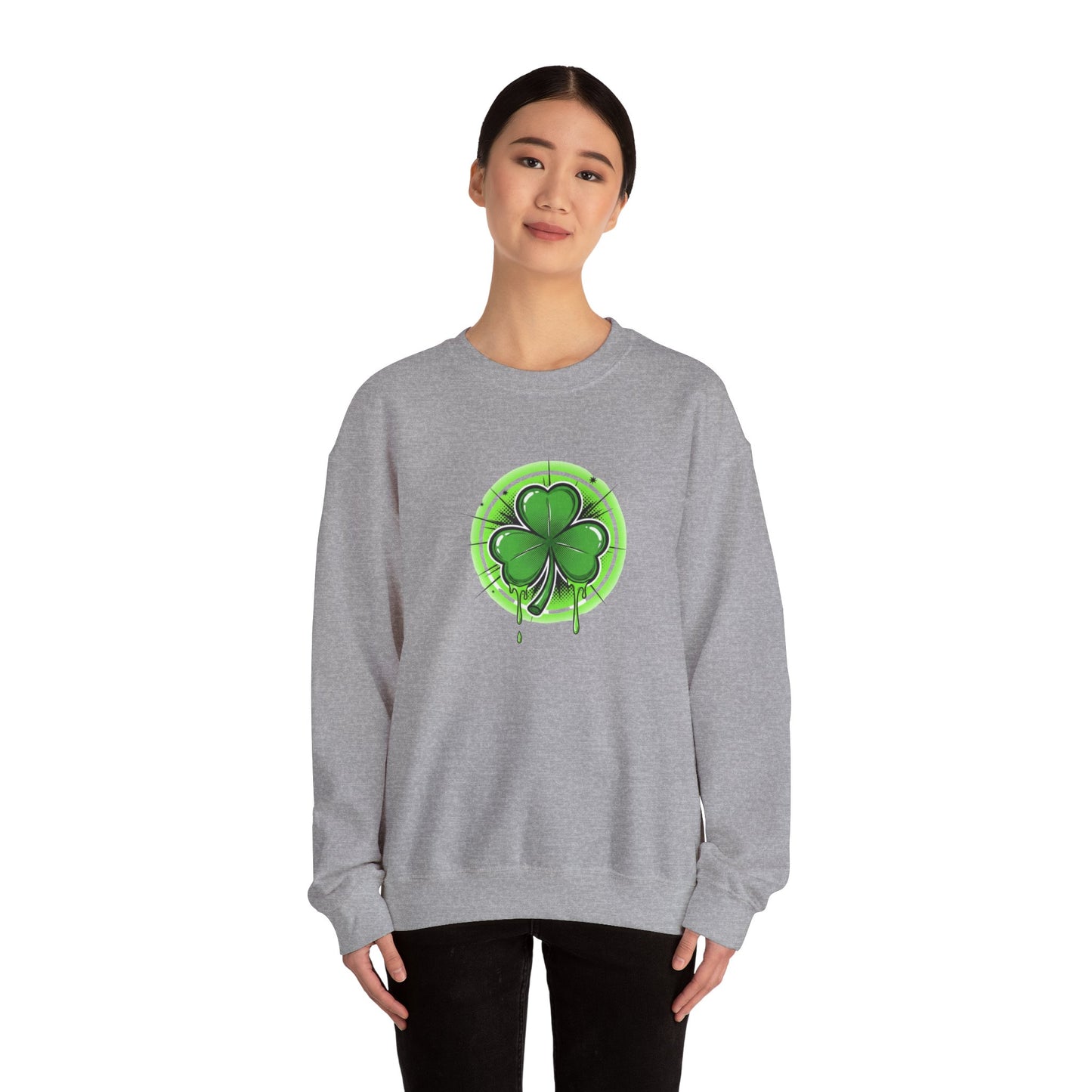 Oozing with Luck, Four-Leaf Clover Crewneck Sweatshirt — Neon Lucky Shamrock St. Patrick’s Day Pullover