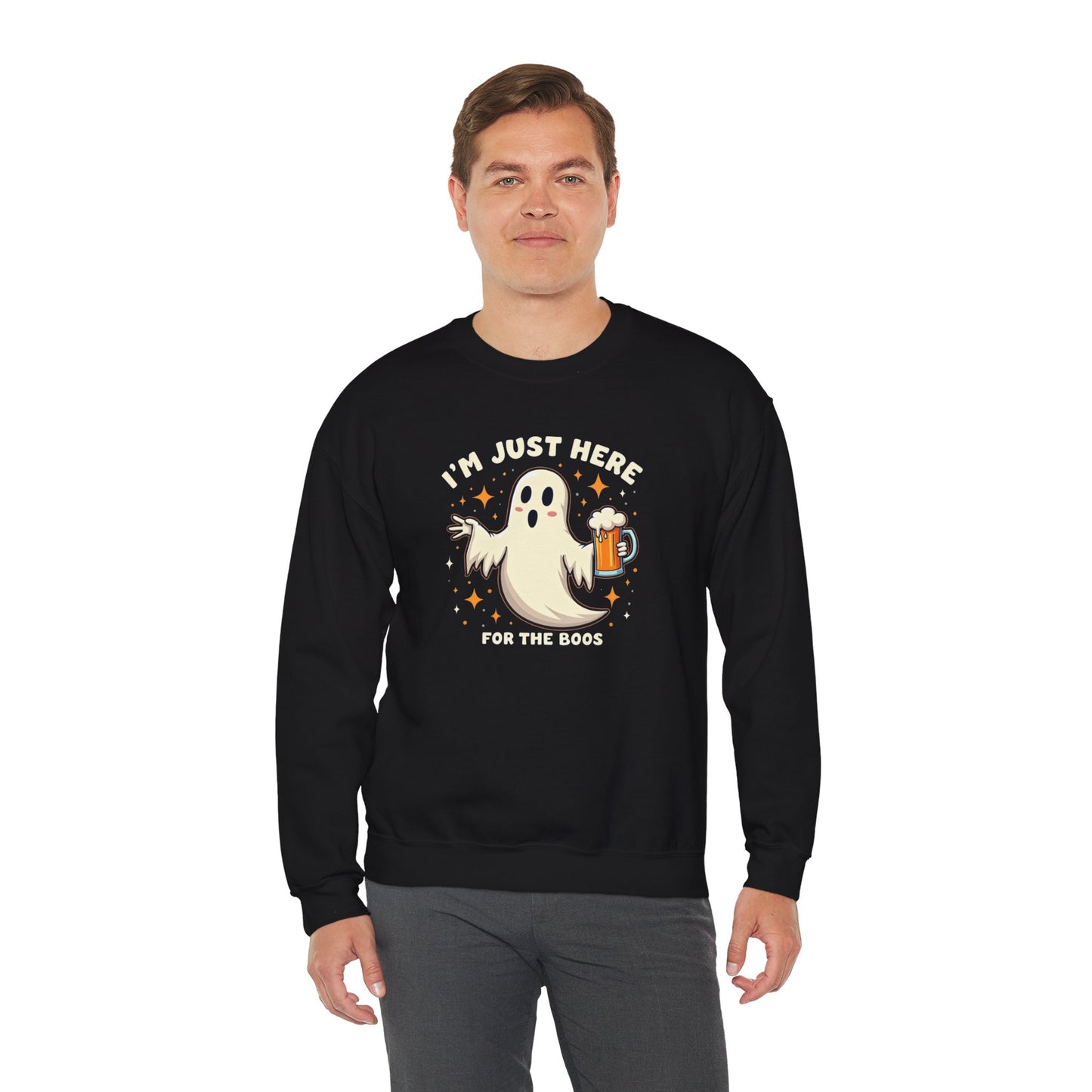 Halloween Ghost Sweatshirt — "I'm Just Here for the Boos" Cozy Crewneck
