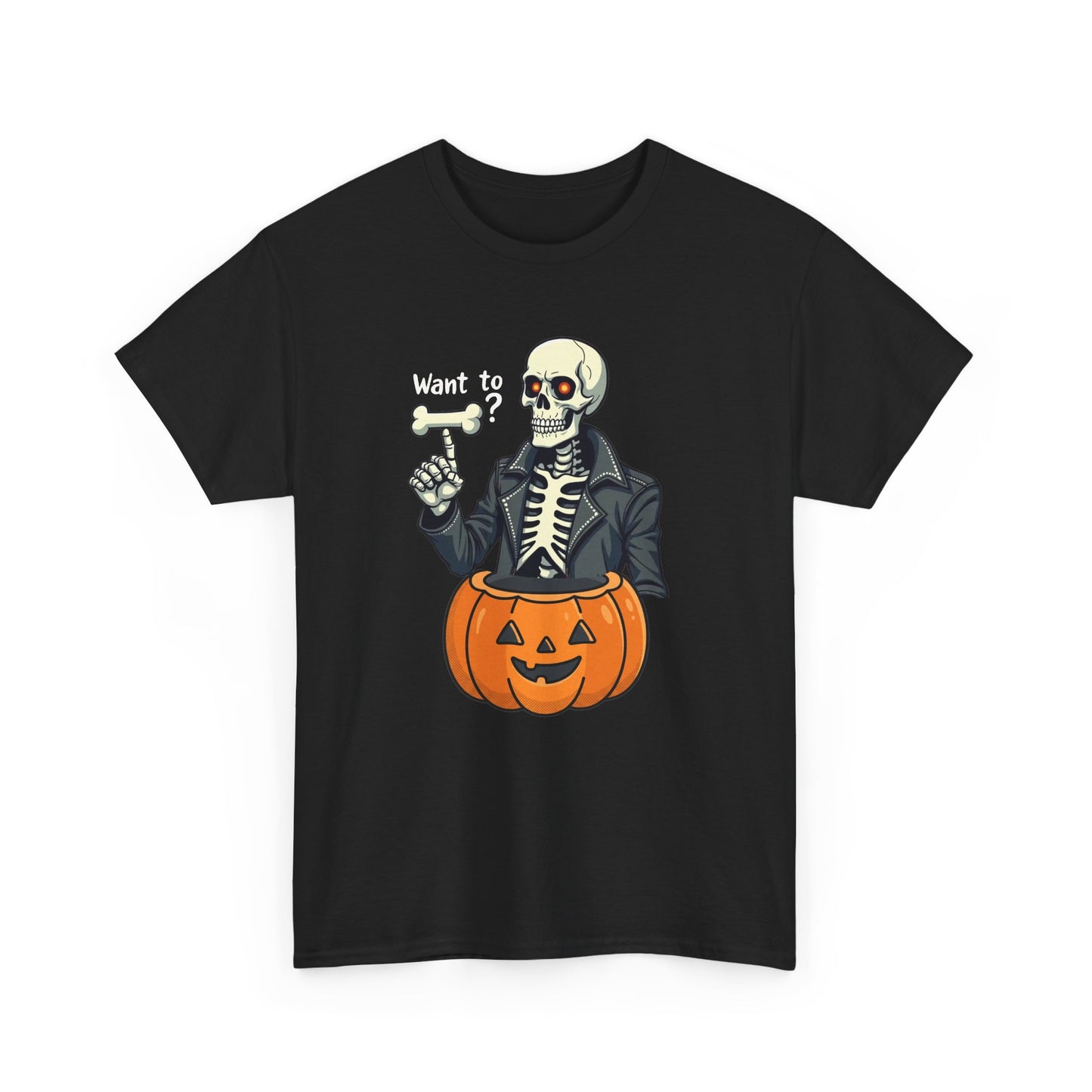 Halloween Skeleton Tee — 'Want to?' Pumpkin Jack-O'-Lantern Graphic Shirt