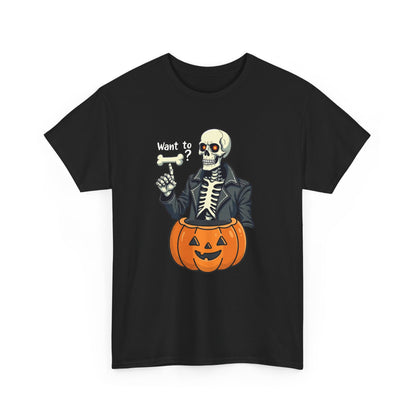 Halloween Skeleton Tee — 'Want to?' Pumpkin Jack-O'-Lantern Graphic Shirt
