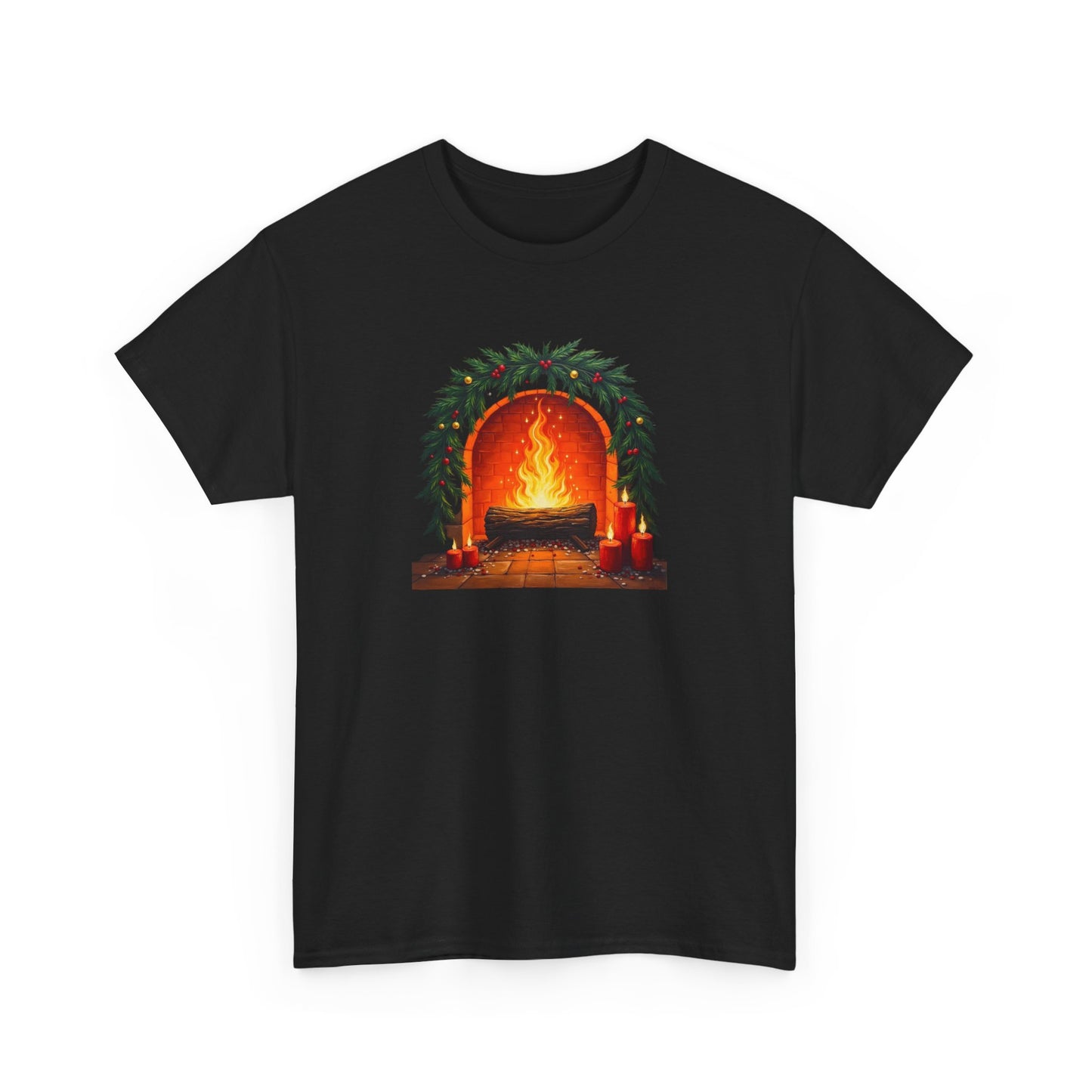 Cozy Holiday Fireplace T-Shirt — Vintage Log Fire Christmas Tee