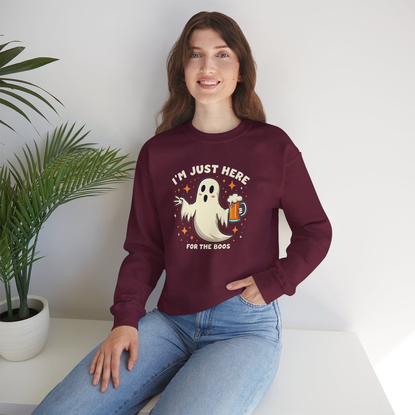 Halloween Ghost Sweatshirt — "I'm Just Here for the Boos" Cozy Crewneck