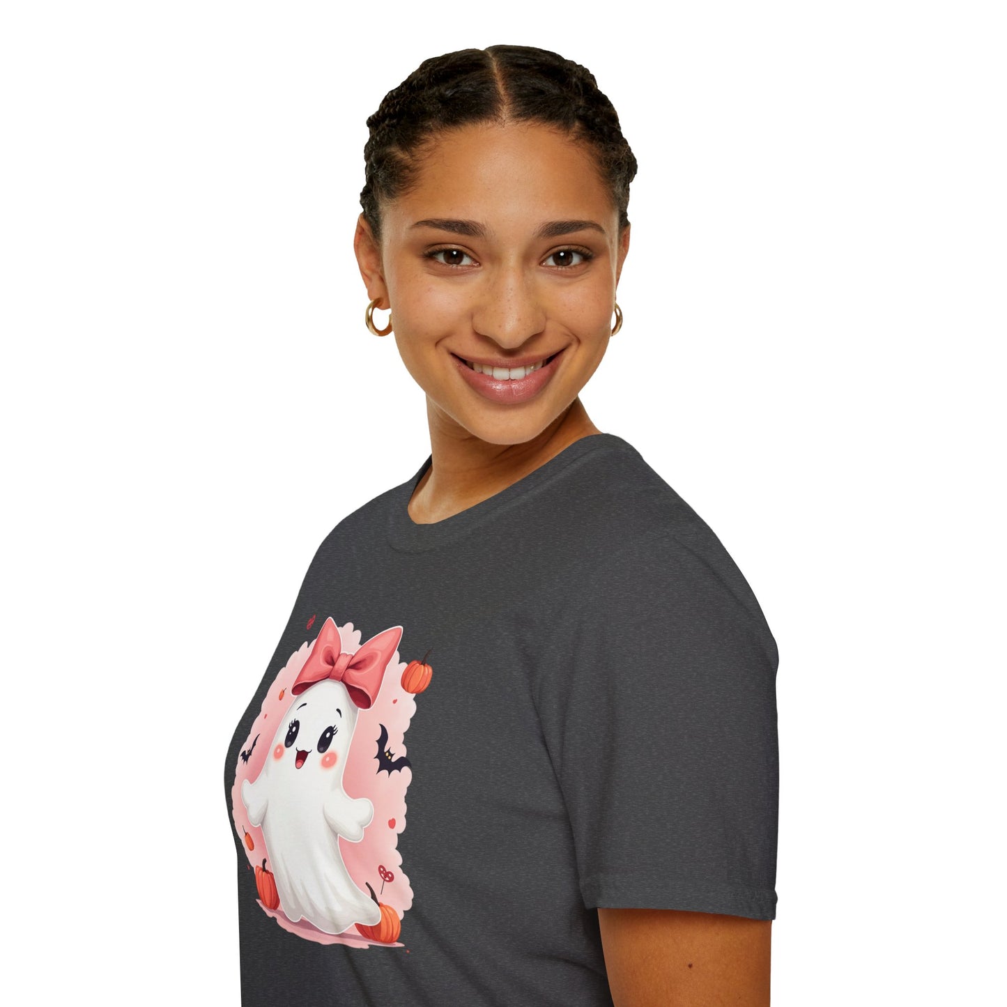 Cute Halloween Ghost T-Shirt — Pink Bow Ghost with Pumpkins & Bats