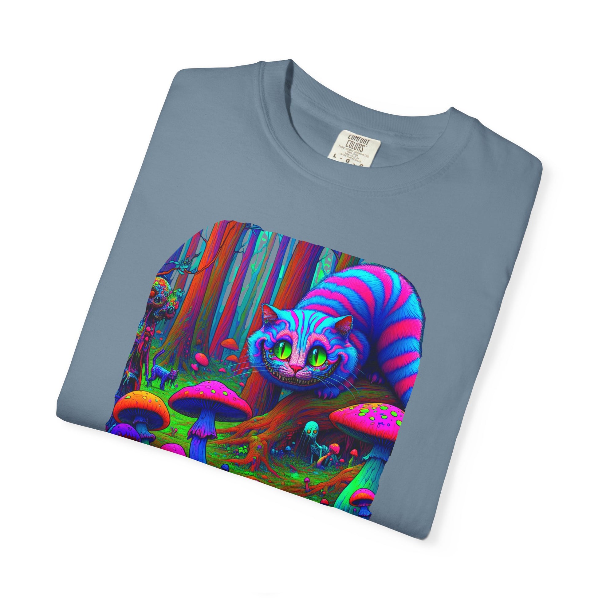Curious Cat with mushrooms, Unisex Garment-Dyed T-shirt - Psychonaut Swag