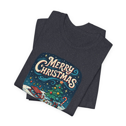 Merry Christmas Tee — Vintage Holiday Tree & Sled Graphic T-Shirt