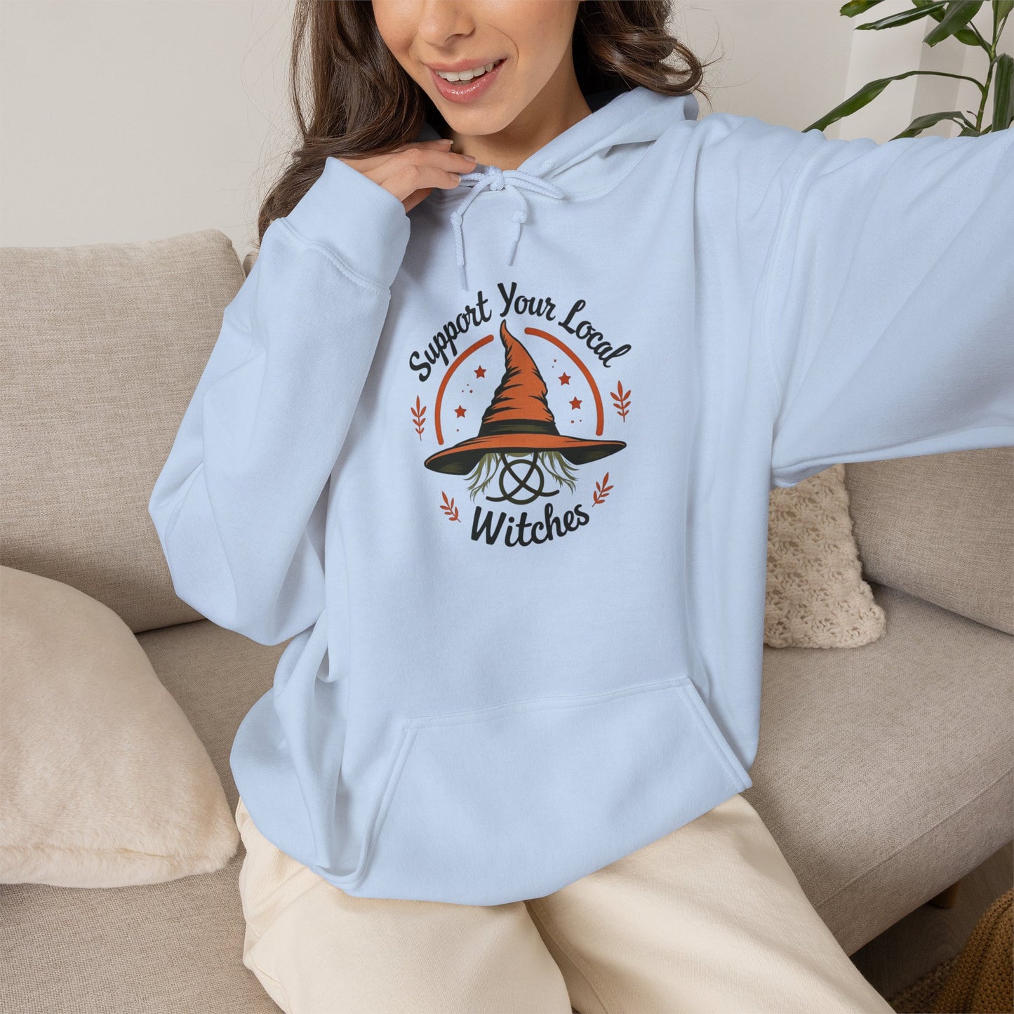 Support Your Local Witches Hoodie — Cute Witch Hat Graphic Pullover for Halloween