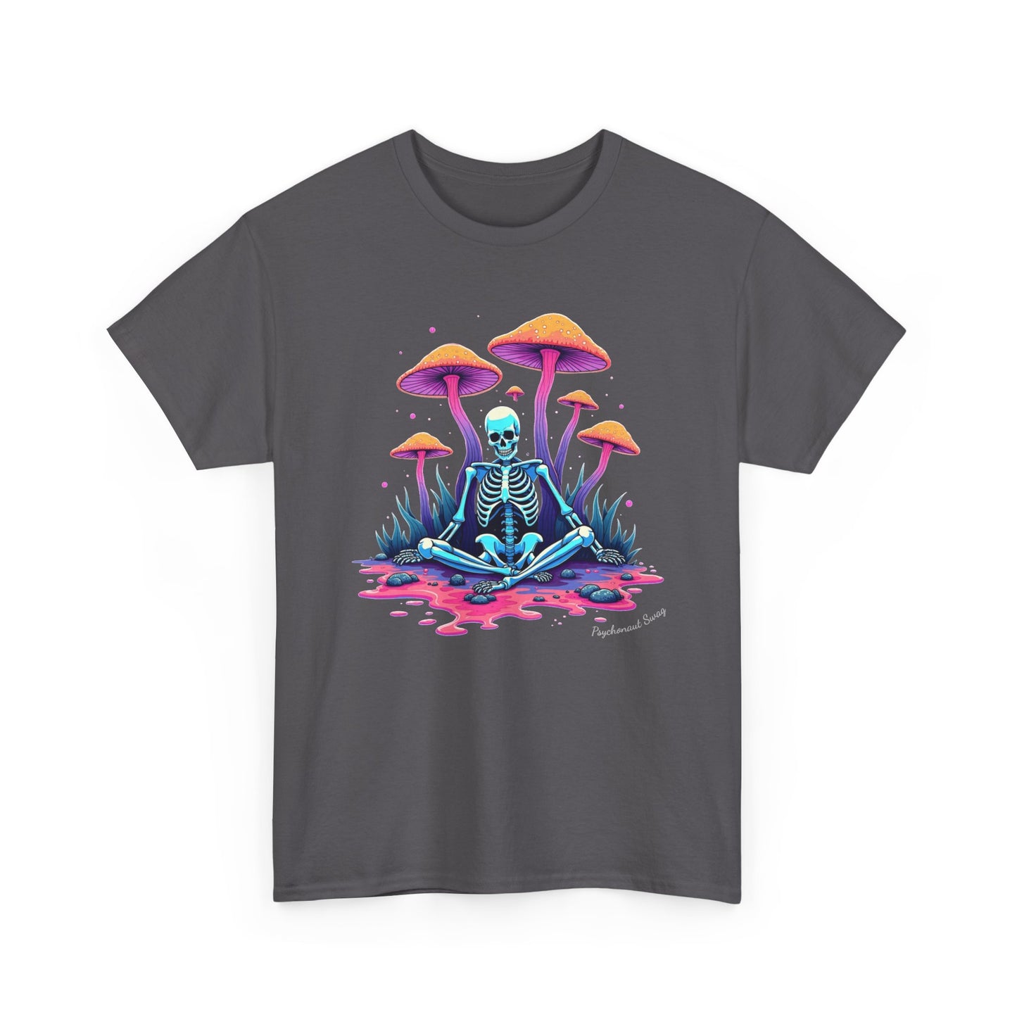 Psychedelic Mushroom Skeleton Near-Death Trip T‑Shirt — Neon Trippy Fungi Meditation Tee