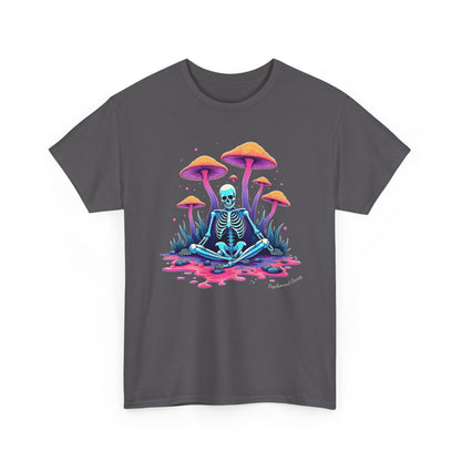 Psychedelic Mushroom Skeleton Near-Death Trip T‑Shirt — Neon Trippy Fungi Meditation Tee