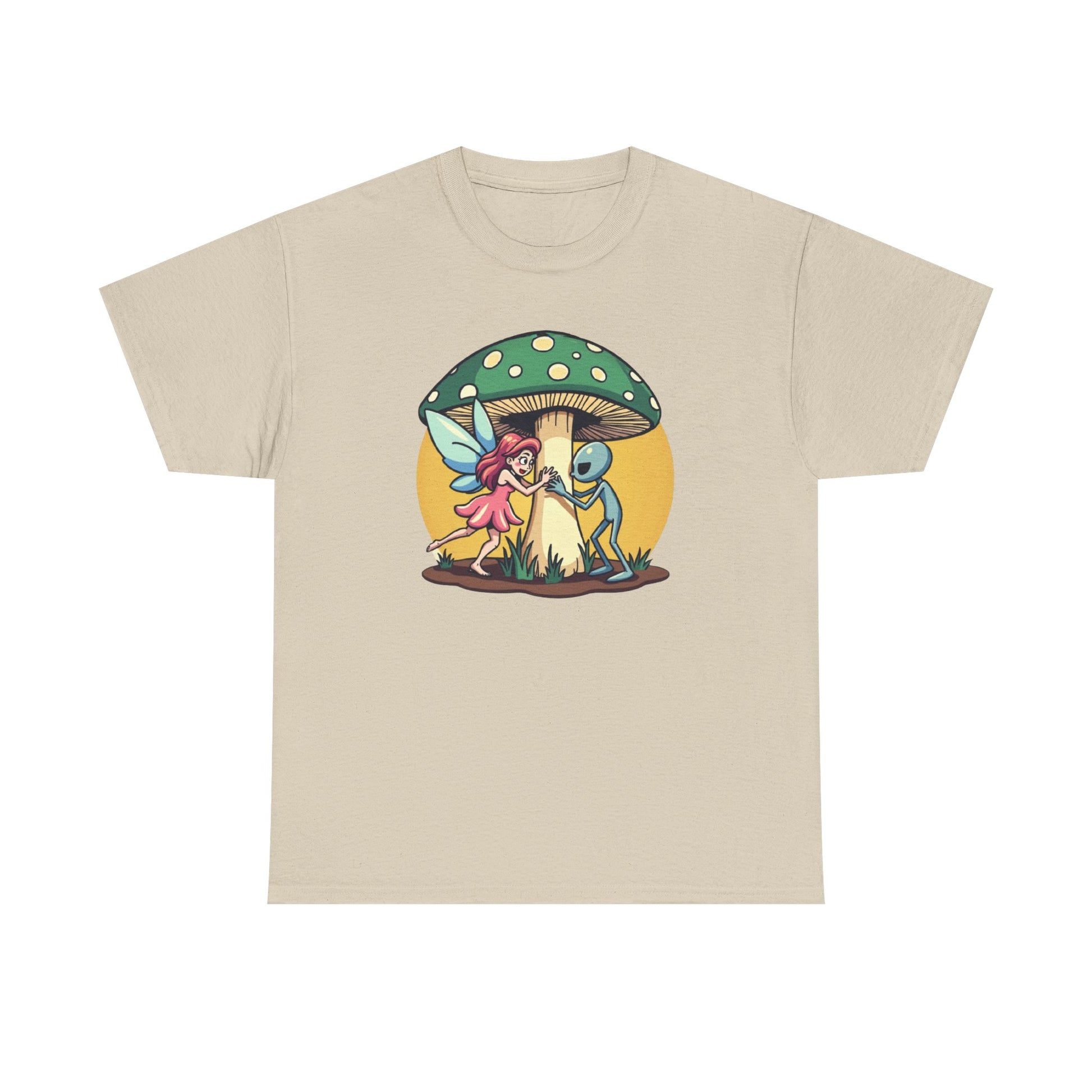 Alien chased by Fairy, Mushroom Unisex Heavy Cotton Tee - Psychonaut Swag