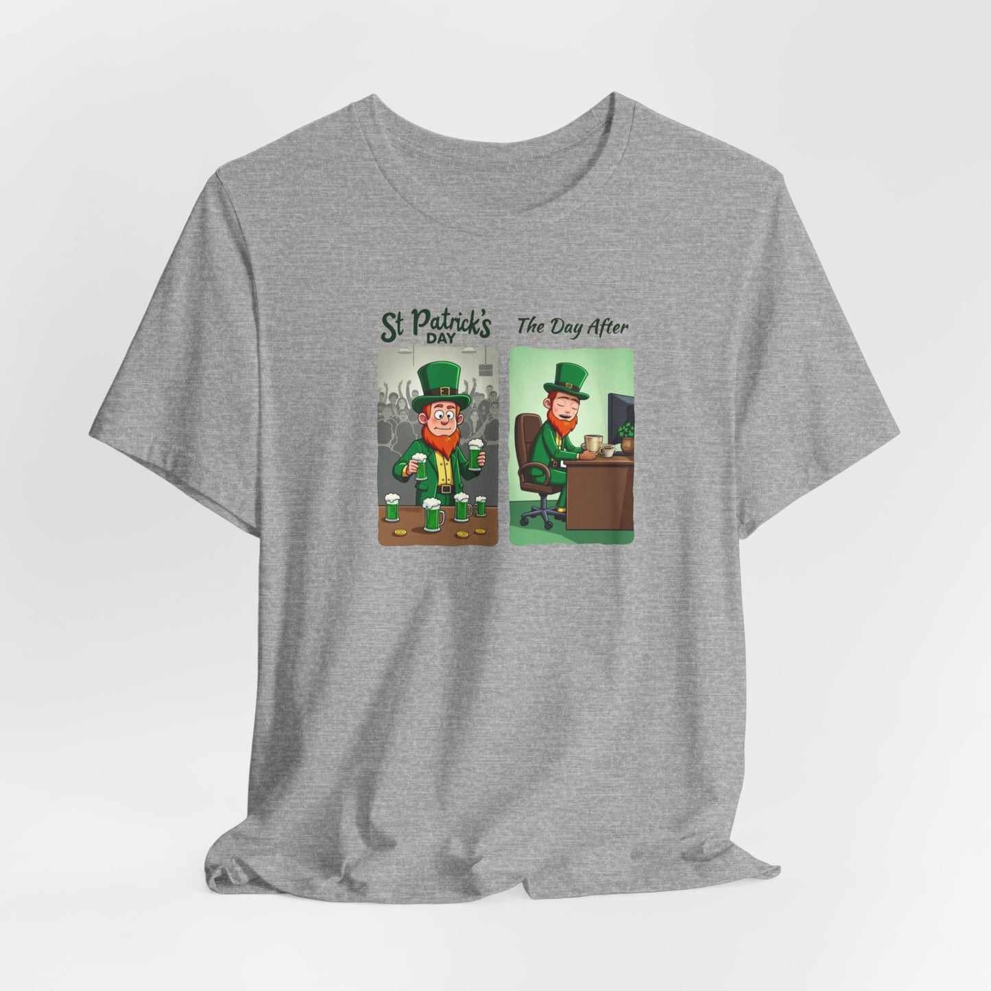 St. Patrick's Day Leprechaun Funny Cartoon T-Shirt — "St. Patrick's Day / The Day After" Tee