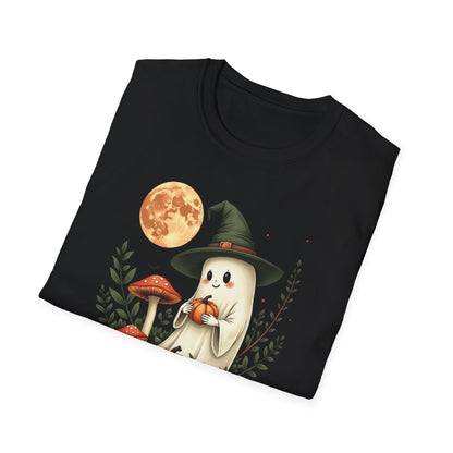 Ghost Witch T‑Shirt — Cute Halloween Moon, Pumpkin & Mushroom Design