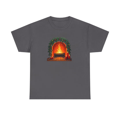 Cozy Holiday Fireplace T-Shirt — Vintage Log Fire Christmas Tee