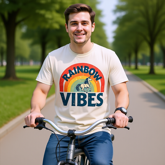 Rainbow Unicorn Vibes Unisex Cotton Crew Tee, Casual Wear, Gift for Friends, Rainbow Theme, Everyday Comfort, Summer Spirit - Psychonaut Swag