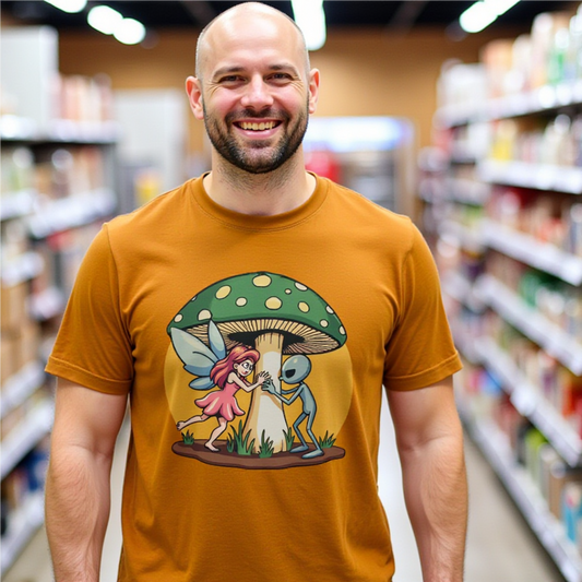 Alien chased by Fairy, Mushroom Unisex Heavy Cotton Tee - Psychonaut Swag